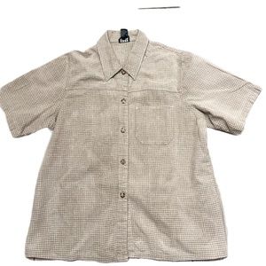 Genre Sport Womens Beige/White Plaid Linen Blend Collared Button Up Blouse SZ 16